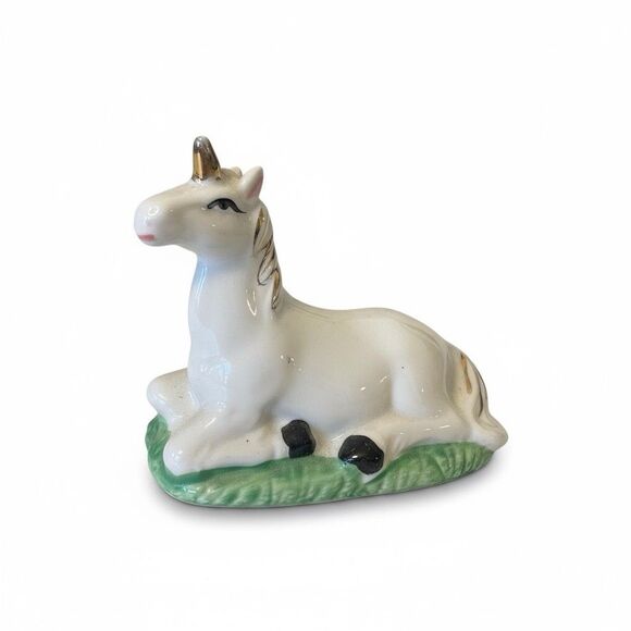 Vintage 1980s Unicorn Figurine Porcelain 3" White Gold - Picture 1 of 6